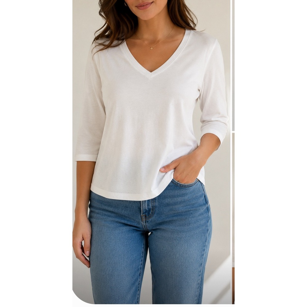 Lauren Ralph Lauren White V-Neck Elbow Sleeve Cotton Tee Shirt XL